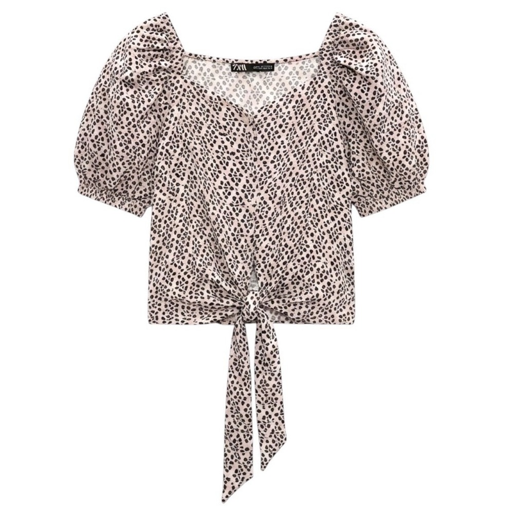 Zara Women's XL Animal Print Sweetheart Neck Tie Front Crop Blouse Y2K